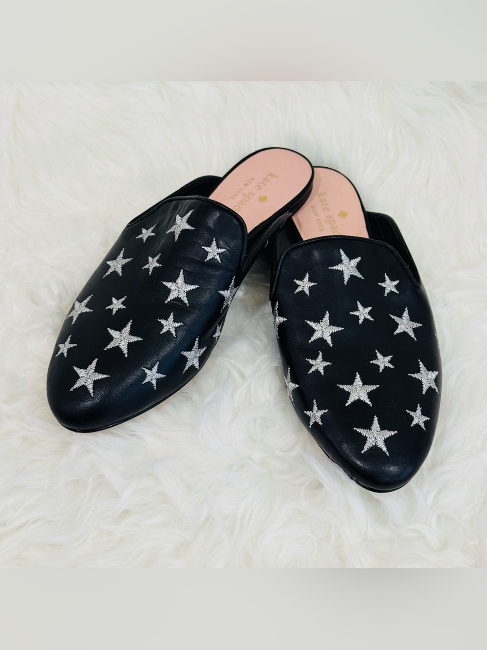Kate Spade New York Black Leather Star Embroidered Mules Slides Loafers Women’s